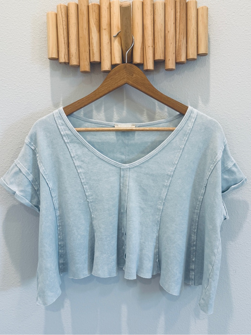 Altar’d State Light Blue Washed V-Neck Short Sleeve Crop Top